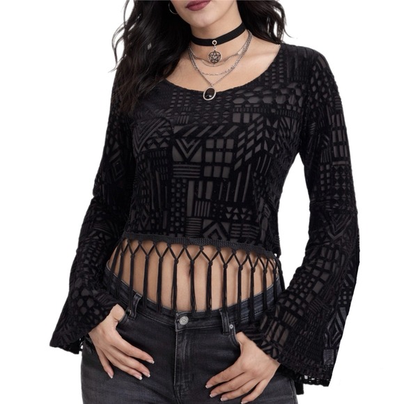 Monteau Tops - Velvet Burnout Fringe Mesh Top S Whimsigoth Indie Festival Bell Sleeve Witchy